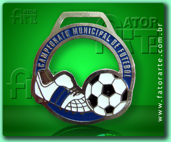 Medalha Campeonato de Futebol, fundida formato personalizado, com aplicação de cores, fita de cetim ou poliéster 