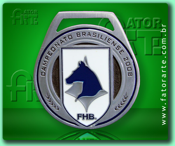 Medalha Campeonato Brasiliense FHBr,  fundida formato personalizado, com aplicação de cores, fita de cetim ou poliéster 