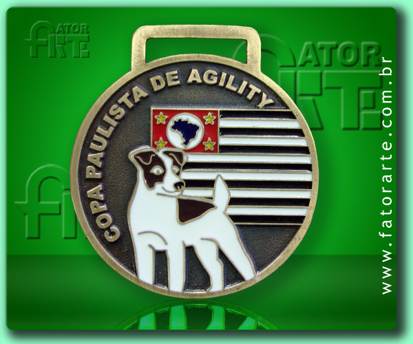 Medalha Copa Paulista de Agility,  fundida formato personalizado, com aplicação de cores, fita de cetim ou poliéster 