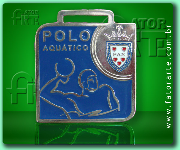 Medalha Polo Aquático, Colégio Santo Américo, fundida formato personalizado, com aplicação de cores, fita de cetim ou poliéster 
