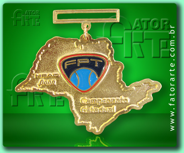 Medalha da Federação Paulista de Tênis, fundida formato recortado, com aplicação de cores, fita de cetim ou poliéster 