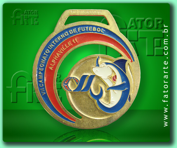 Medalha Alphaville 11, fundida formato personalizado, com aplicação de cores, fita de cetim ou poliéster 