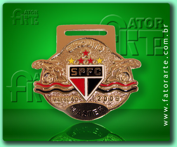 Medalha Natação São Paulo Futebol Clube, fundida formato personalizado, com aplicação de cores, fita de cetim ou poliéster 