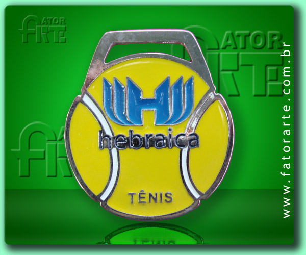 Medalha bola de Tênis Hebraica, fundida formato personalizado, com aplicação de cores, fita de cetim ou poliéster 